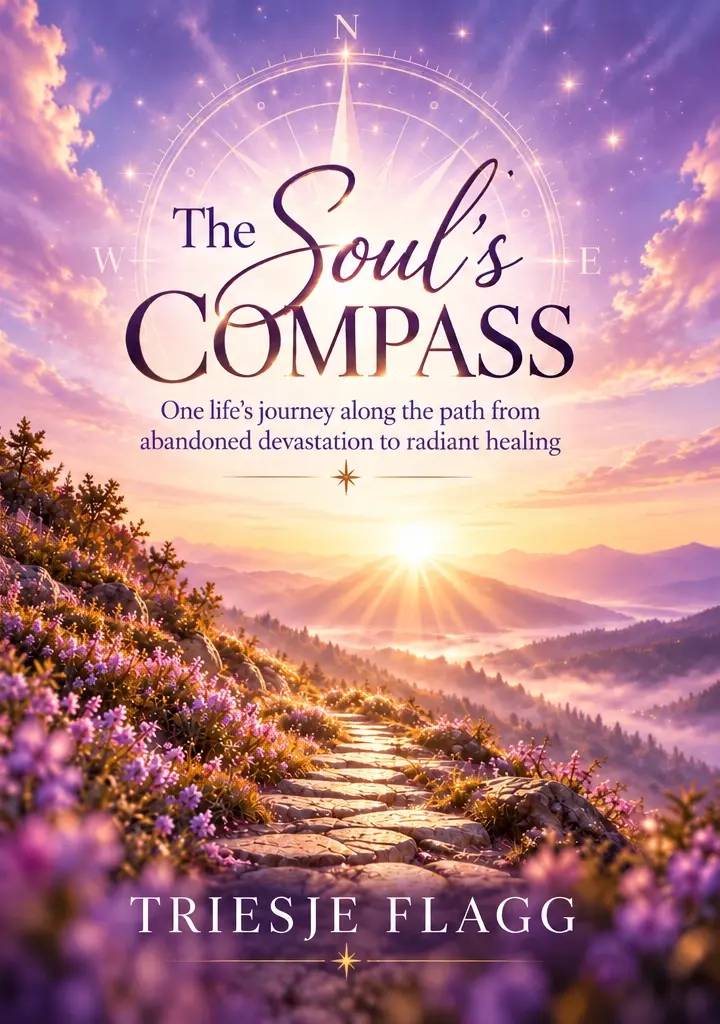 The Soul’s Compass book cover by Triesje Flagg, featuring a mountain sunrise and compass