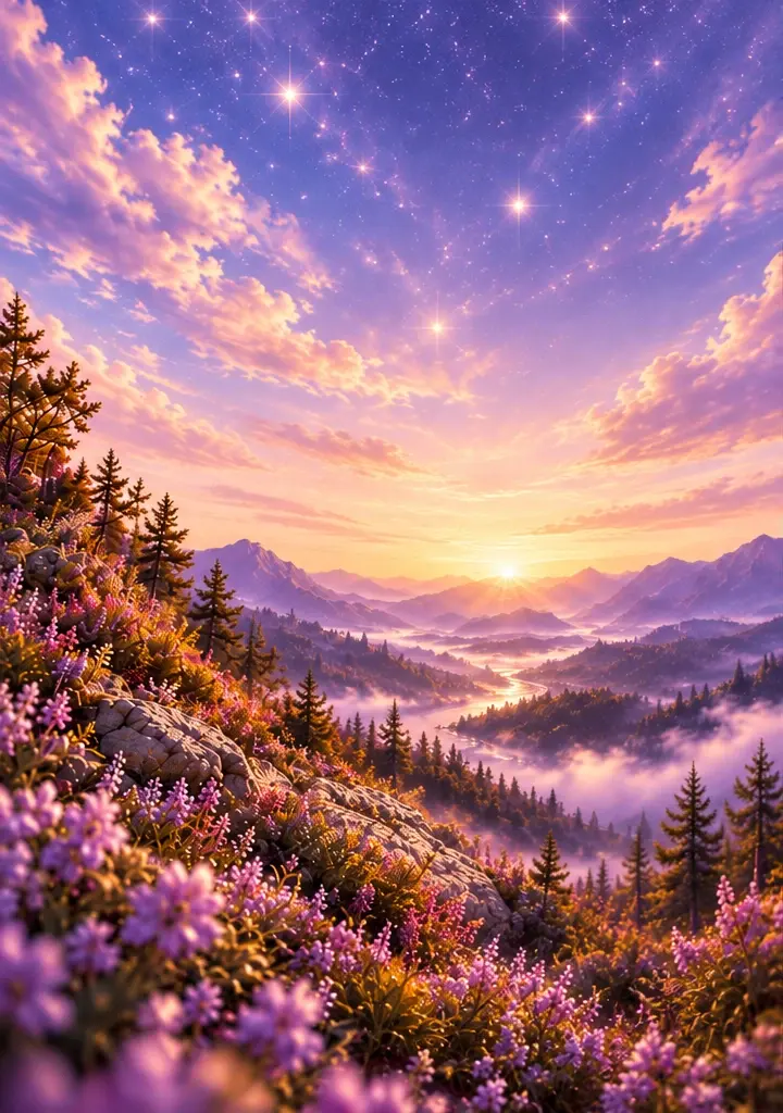 Sunlight reaches across lavender mountains and a flower-lined valley