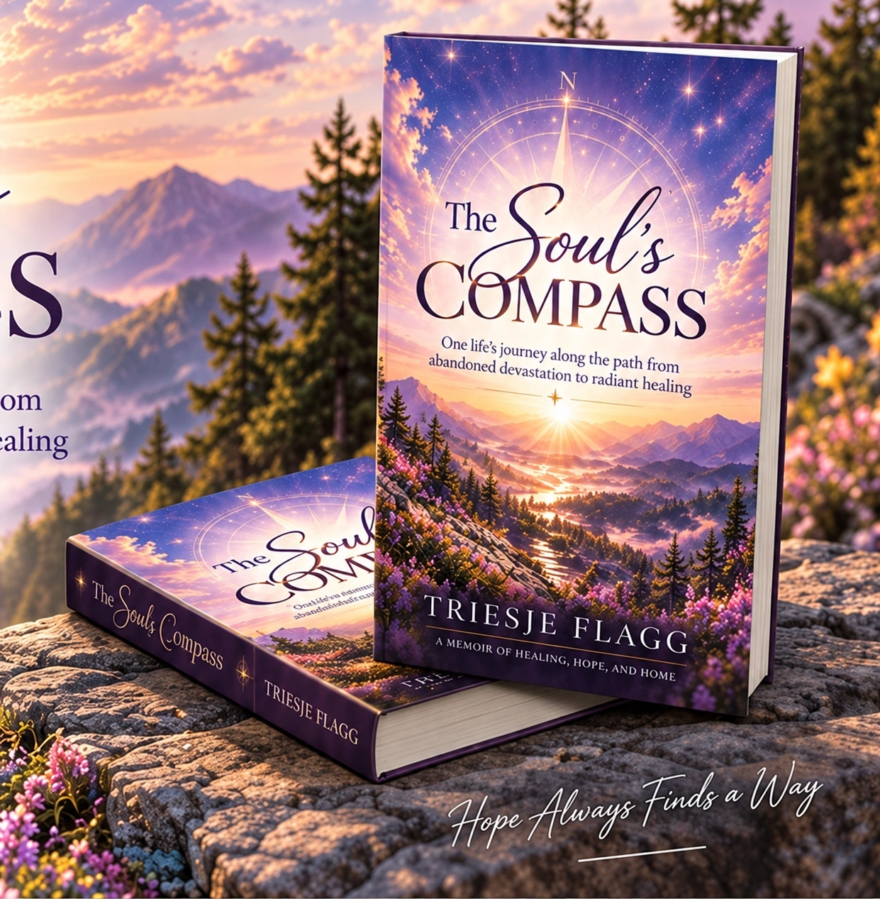 Two copies of The Soul’s Compass on a rocky mountain ledge: one hardcover upright, one lying flat with visible page edges, surrounded by lavender flowers at sunrise